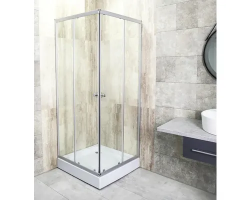 Cabină de duș pătrată cu cădiță Sanotechnik TM59, sifon 88x88 cm, sticlă transparentă, profil gri argintiu buc