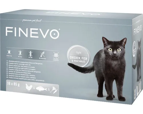 Hrană umedă pentru pisici FINEVO Light Cat cu pui, pește și legume 16x85 g pac