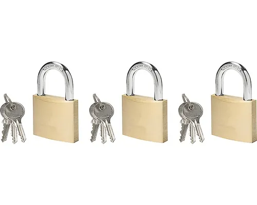 Lacăte alamă 40mm, belciug Ø6,3mm, 3x3 chei, pachet 3 bucăți