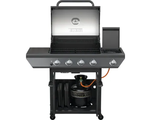 Grătar hibrid pe gaz și cărbuni Tenneker Dual Graphite 5 arzătoare 14,07 kW suprafața de gătire 85x133,8x56,2 cm oțel inoxidabil incl. termometru în capac, tavă de colectare grăsime, mese laterale, grătar din fontă buc