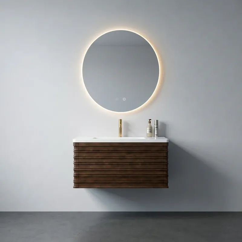 SET MOBILIER BAIE DALET CARVO, FINISAJ NUC, LAVOAR INCASTRAT COMPOZIT ALB, OGLINDA LED, 80 CM
