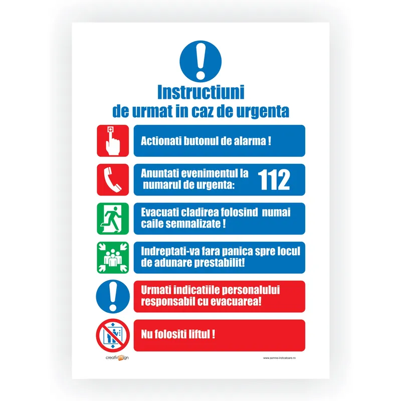 Indicator informare Instructiuni in caz de urgenta, PVC, 40 x 30 cm buc