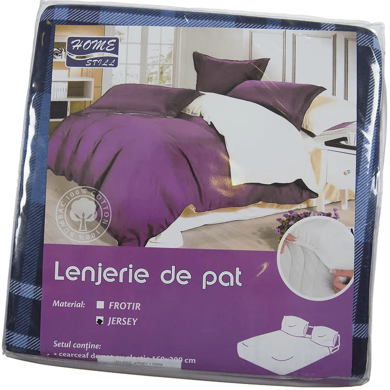 Lenjerie de pat Jersey, Meltem, 1 persoana, jerse + bumbac 100%, 3 piese, albastru, uni