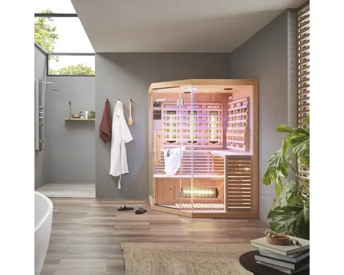 Saună uscată HOME DELUXE Sahara XXL 150x150x200 cm, spectru complet, pentru 2 3 persoane, brad canadian, sticlă securizată, terapie cu lumină buc