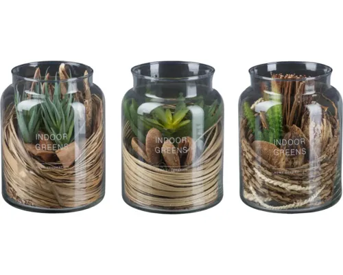 Vas de sticlă decorat cu plante H 16 cm, modele diferite buc