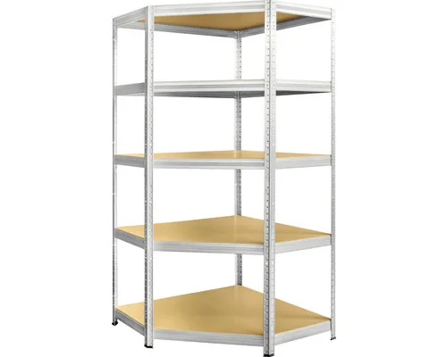 Raft metalic depozitare cu 5 polițe din lemn Kovona Futur Corner 900x450x1800 mm max. 250 kg/poliță, montaj rapid cu cleme, argintiu buc
