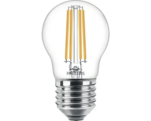 Bec LED Philips E27 6,5W 806 lumeni, glob clar P45, lumină caldă buc