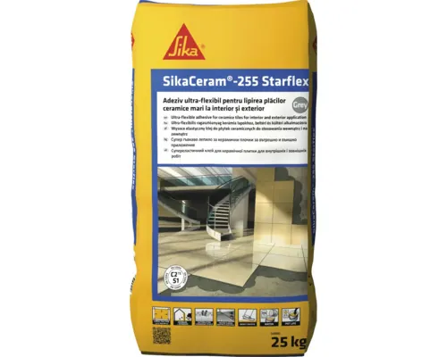 Adeziv flexibil Sika Ceram Starflex 255 C2 TE S1 pentru gresie și faianță de dimensiuni medii și mari pentru interior și exterior 25 kg gri sac