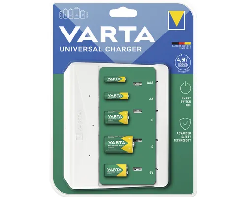 Încărcător acumulatori universal Varta pentru AA, AAA, C, D și 9V, alb buc