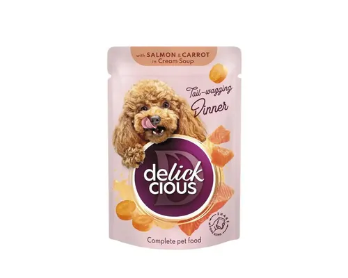 Stripsuri pentru câini DELICKCIOUS Adult cu somon și morcov în supă cremă 85 g buc