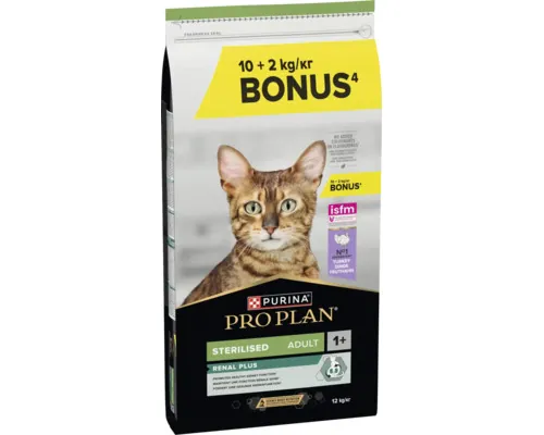 Hrană uscată pentru pisici PRO PLAN Sterilised Renal Plus Adult 1+ bogat în curcan PACHET PROMO 10 kg+2 kg buc