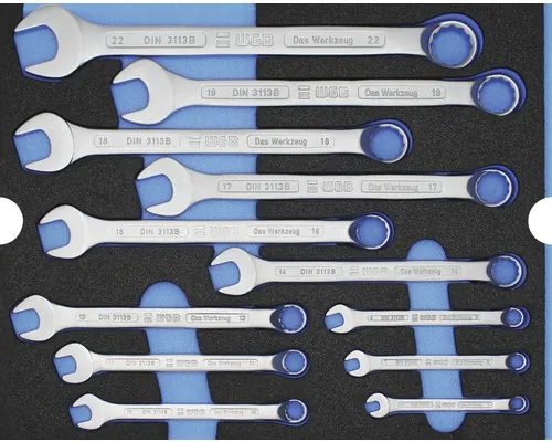 Set chei combinate fixă-inelară WGB 6-22 mm, 12 piese, crom-vanadiu, incl. bază din burete pentru sertare Industrial mărimea L buc