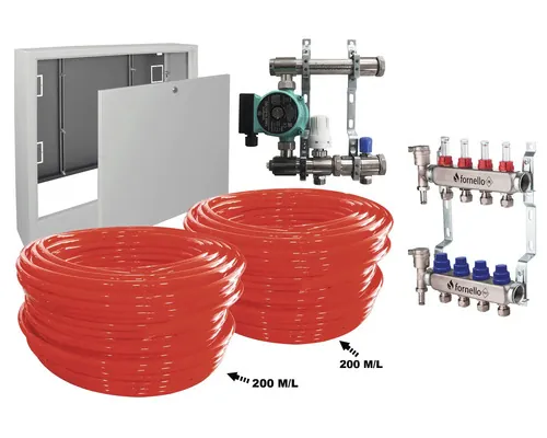 Pachet încălzire prin pardoseală Fornello 40 m², incl. țeavă PE-RT, distribuitor-colector, niplu redus, pompă de recirculare Omnigena, cutie distribuitor pac