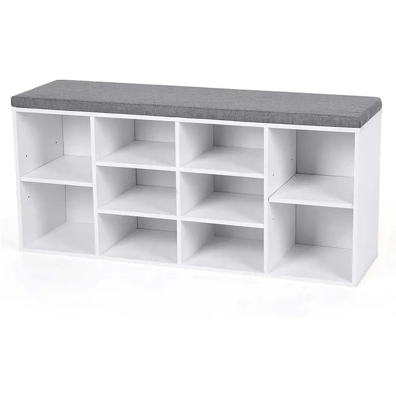 Pantofar tip taburet cu 10 compartimente, 104x30x48 cm, culoare alb, pal