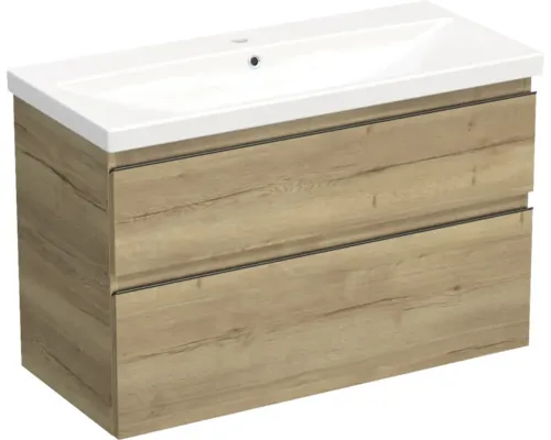Set mobilier baie suspendat Jungborn TRENTA 100 cm stejar Halifax mâner negru buc