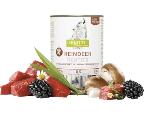 Hrană umedă pentru câini ISEGRIM Adult cu ren fără cereale, gluten, lactoză și zahăr 400 g buc