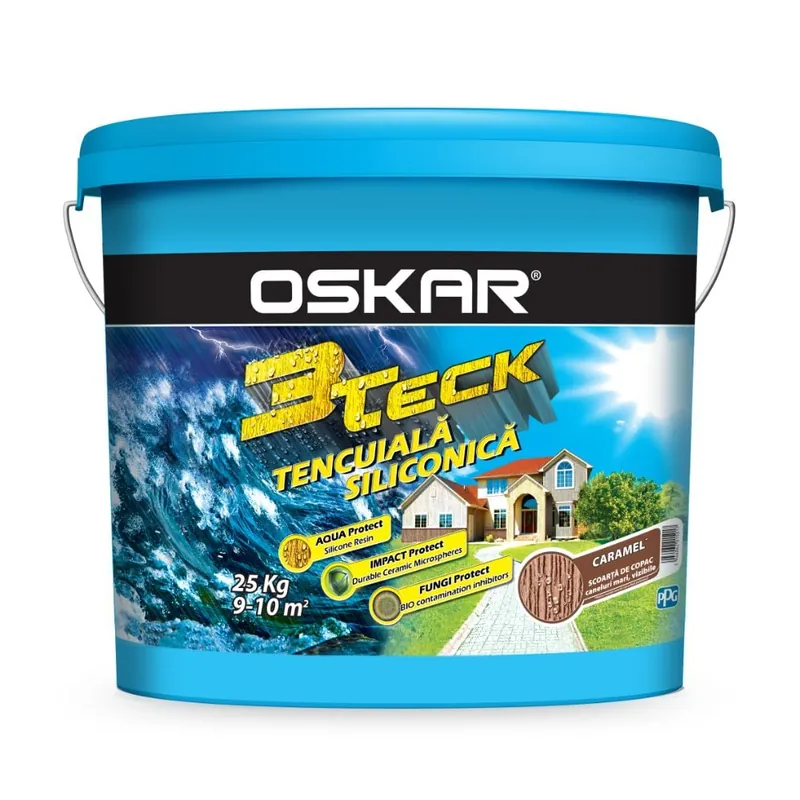 Tencuiala decorativa siliconica Oskar 3Teck, aspect scoarta de copac, granulatie 1.5 mm, interior/exterior, caramel, 25 kg kg