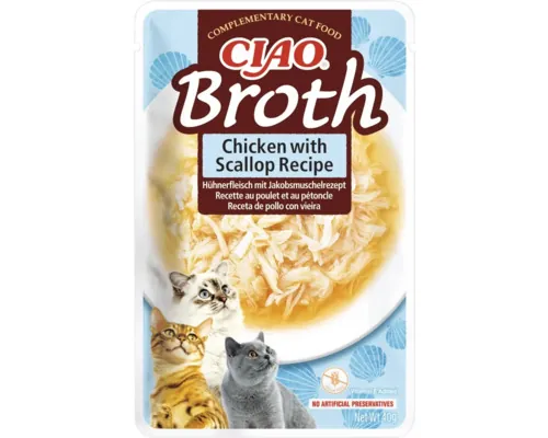 Hrană umedă pentru pisici CIAO Broth cu pui și scoici fără fără cereale, gluten, lactoză și zahăr 40 g buc