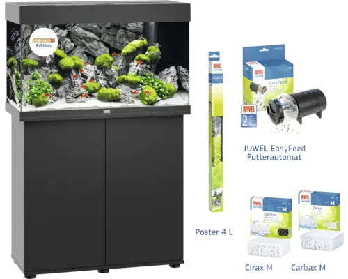 Set acvariu Juwel Rio 125 LED SBX cu iluminare LED, încălzitor, filtru, dulap inferior negru incl. alimentator automat, folie perete, medii filtrante Cirax și Carabax buc