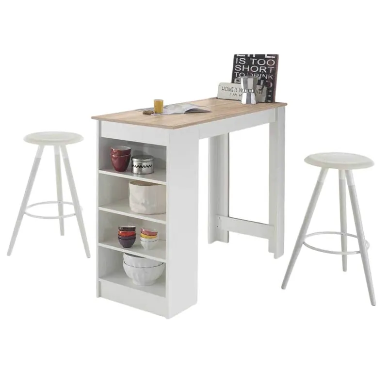 Masa tip bar cu depozitare, 115x50x103 cm, raft lateral, culoare alb/sonoma
