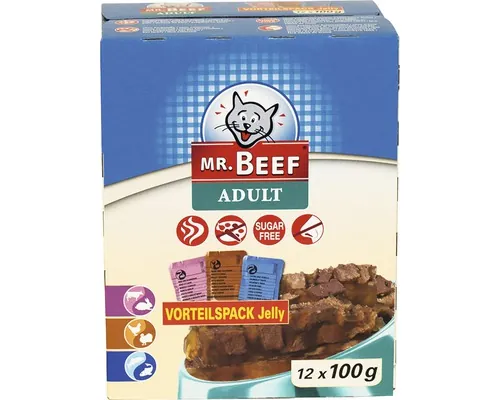 Hrană umedă pentru pisici MR. BEEF Adult cu vită și iepure/pui și curcan/somon și păstrăv în aspic 12x100 g buc
