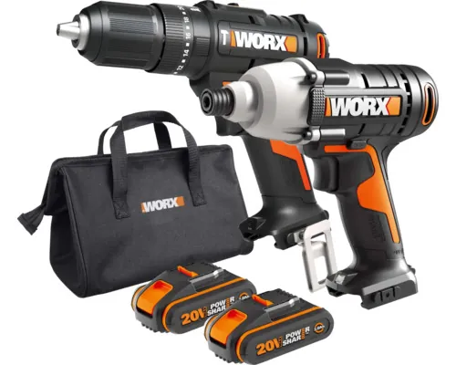 Set mașină de găurit cu percuție Worx WX370 20V max. 50Nm și mașină de găurit cu impact Worx WX291, incl. 2 acumulatori 1 încărcător și cutie de transport buc