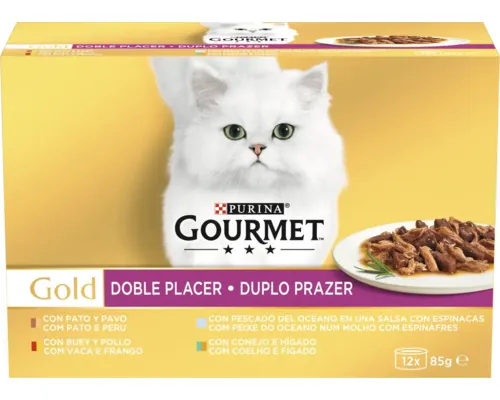 Hrană umedă pentru pisici PURINA Gourmet Gold cu vită și pui/ rață și curcan/ pește oceanic și spanac/ iepure și ficat în sos 12x85 g pac