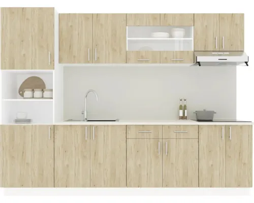 Mobilă de bucătărie Karo V23, L 280 cm, alb/lemn natural buc