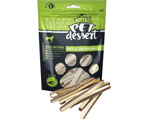 Recompensă pentru câini Pet's Dessert Sandwich cu rață și cod fără cereale, gluten, lactoză și zahăr 80 g buc