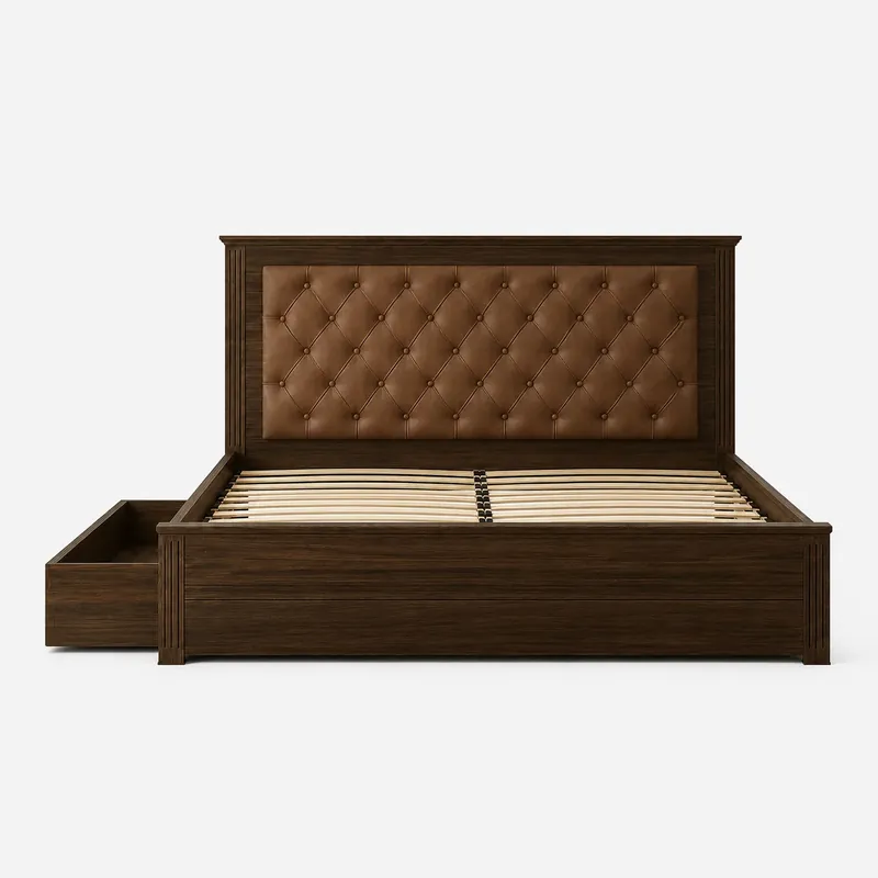 PAT DORMITOR LEMN MASIV 160X200 CU TABLIE TAPITATA SI SERTAR