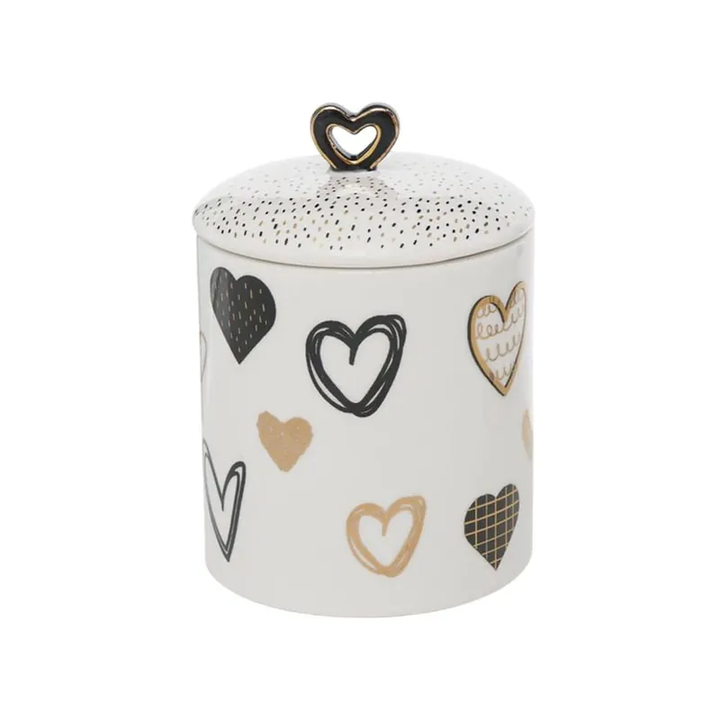 Recipient depozitare cu capac Hearts, 10x14.5 cm, ceramica, alb/negru/auriu