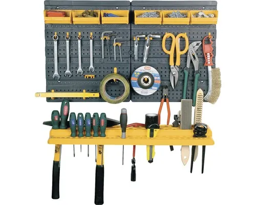 Panou perforat pentru scule și unelte ArtPlast Pannelli 646x385x17mm, incl. 19 cârlige 6 casete organizare și 1 poliță tip suport unelte buc