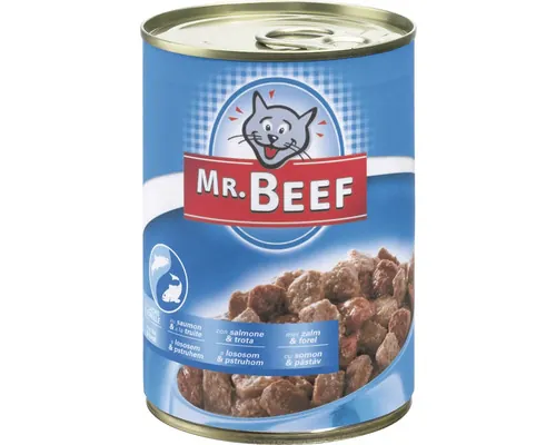 Hrană umedă pentru pisici MR. BEEF cu somon și păstrăv 400 g buc