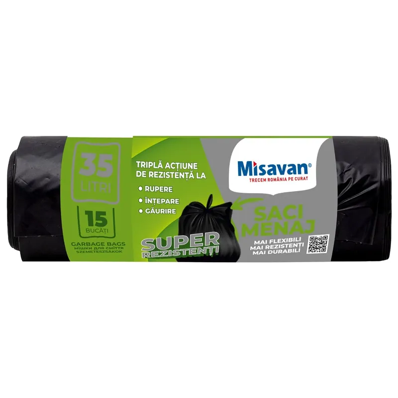 Saci menajeri / gunoi Misavan, super rezistenti, negru, 35 L, 15 buc set