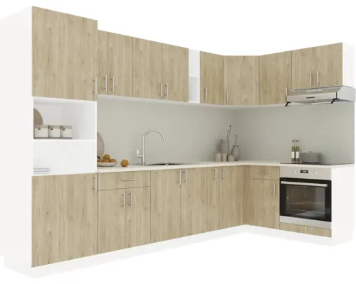 Mobilă de bucătărie Karo V35, L 320x160 cm, alb/lemn natural buc