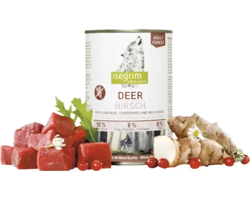 Hrană umedă pentru câini ISEGRIM Adult cu căprioară fără cereale, gluten, lactoză și zahăr 400 g buc