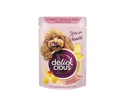 Hrană umedă pentru câini DELICKCIOUS Adult cu curcan și fructe tropicale în sos cremos 85 g buc