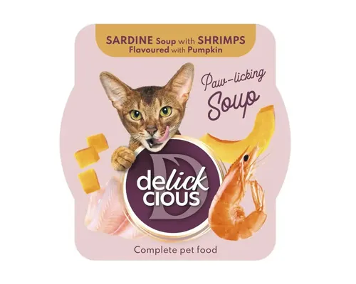 Hrană umedă pentru pisici DELICKCIOUS Adult supă de sardine cu creveți și aromă de dovleac 80 g buc