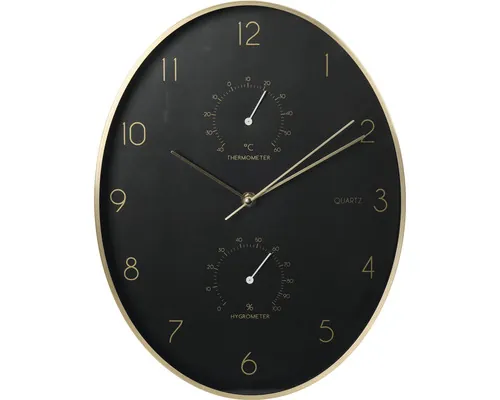 Ceas de perete cu termometru și higrometru, negru/auriu, 34,5x27,1x4,2 cm buc