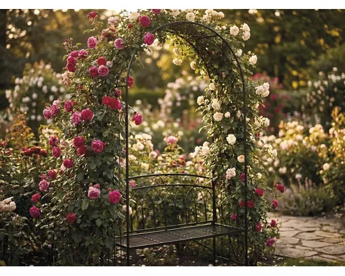 Arcadă trandafiri Lafiora cu bancă tablă oțel 120x48x220 cm negru buc