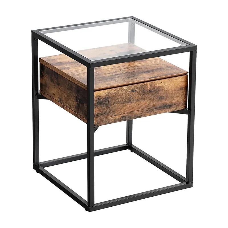 Masuta cu depozitare Ricardo, 43x43x54 cm, culoare nuc/negru, cadru metal, blat sticla securizata