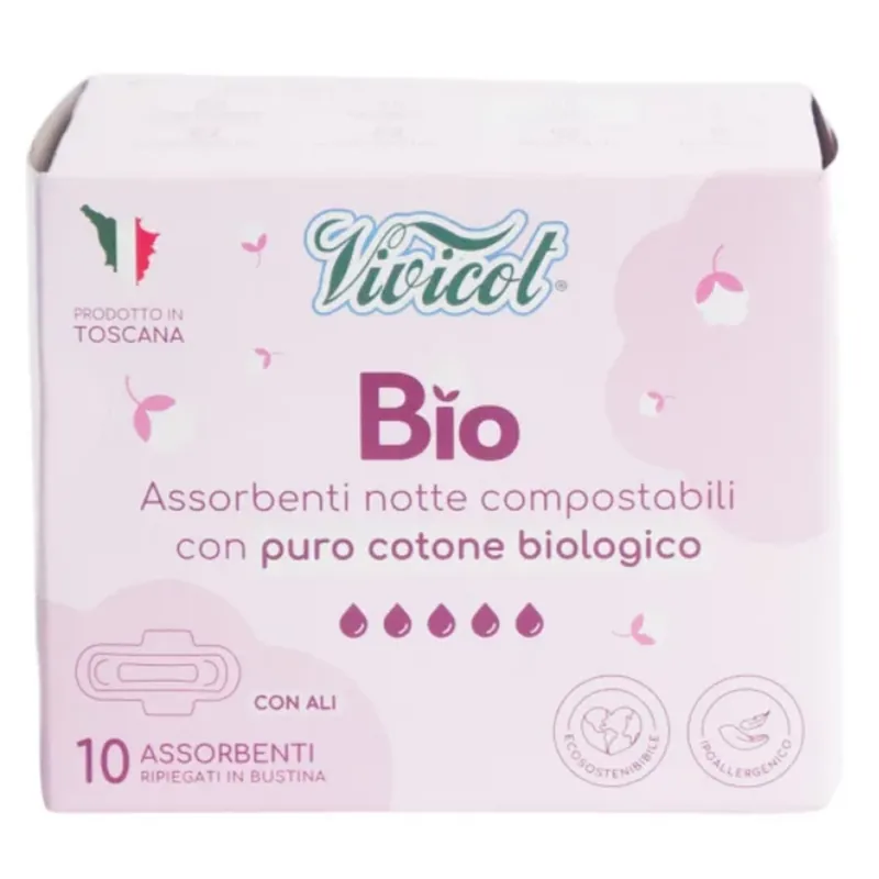 Absorbante de noapte din bumbac compostabil, 5 picaturi, 10 bucati, Vivicot