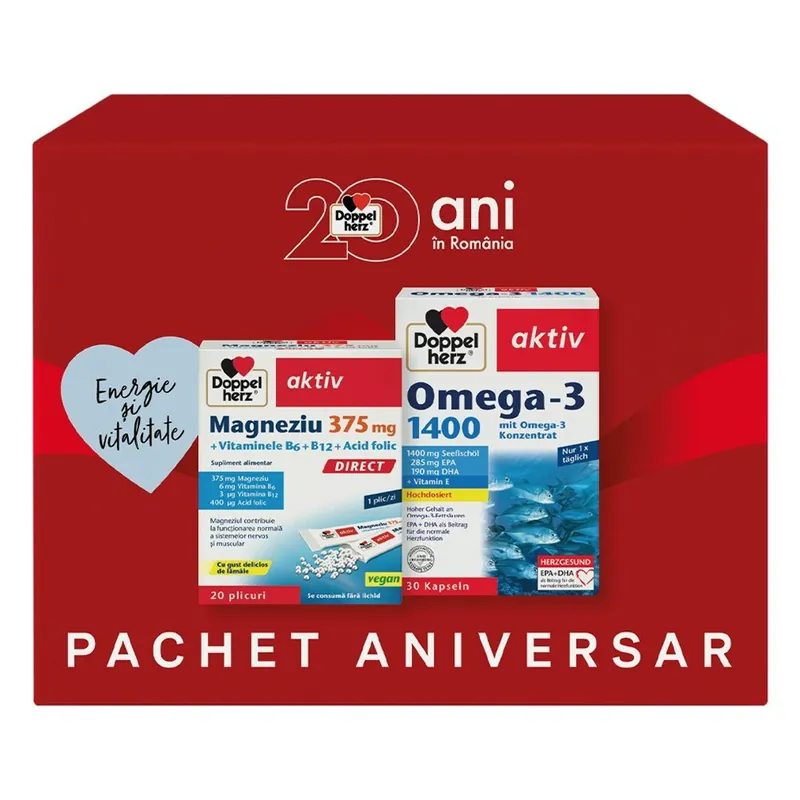 Pachet Magneziu 375 mg + Omega-3 1400 mg, 20 plicuri + 30 comprimate, Doppelherz