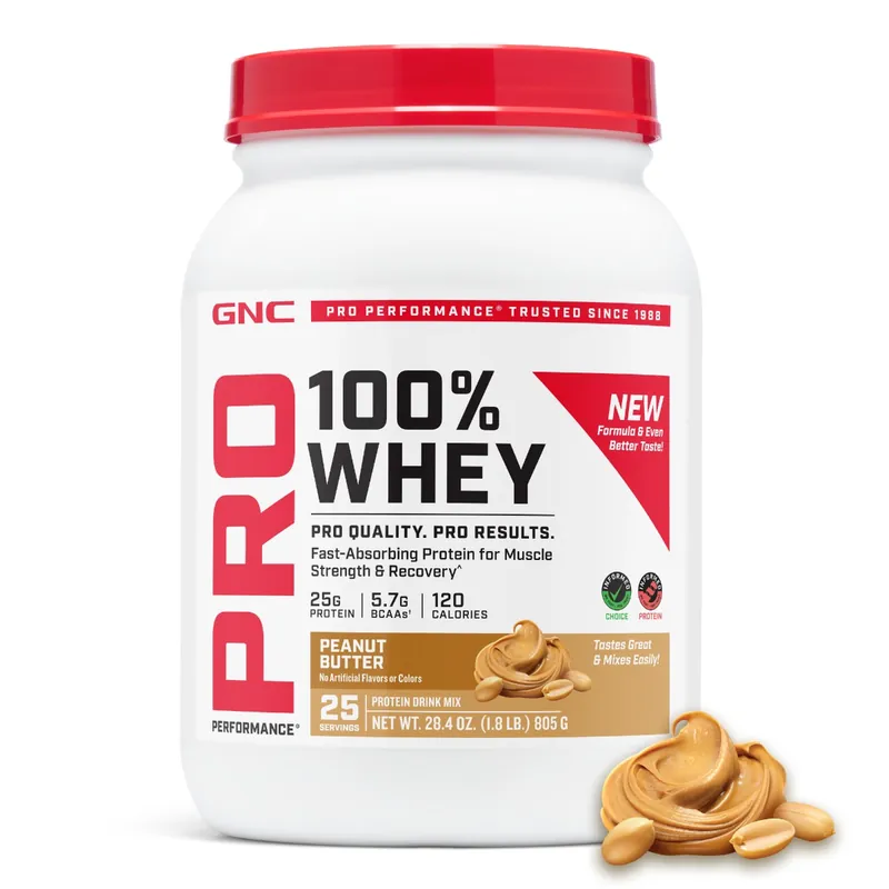 Proteina din zer cu aroma de unt de arahide testata antidoping Pro Performance, 805 g, GNC