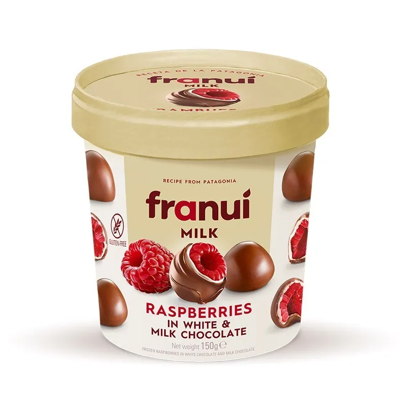 Zmeura in ciocolata alba si ciocolata cu lapte Franui Milk, 150 g, Franui
