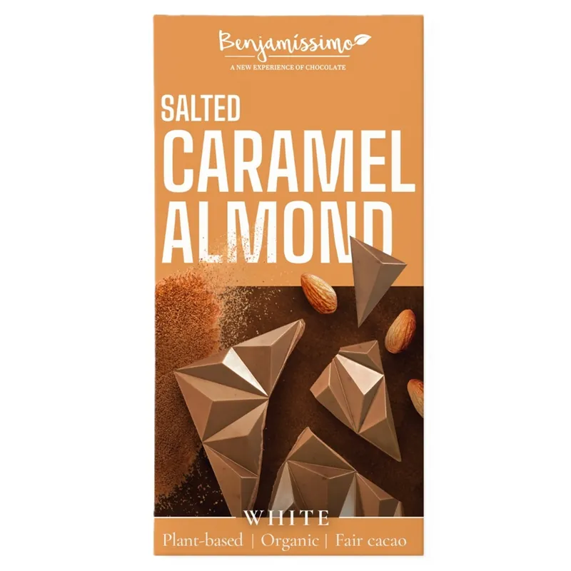 Ciocolata alba bio cu migdale si caramel sarat, 60 g, Benjamissimo