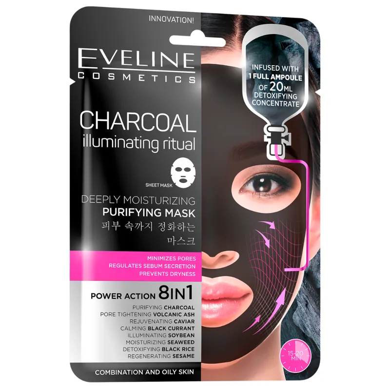 Masca faciala purificatoare si hidratanta cu carbune Charcoal Illuminating Ritual, 20 ml, Eveline Cosmetics