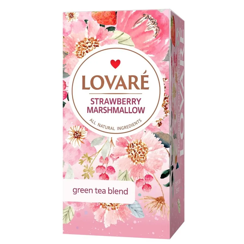 Amestec de ceai verde, fragute si petale de albastrele, cu aroma de fragi Strawberry Marshmallow, 24 plicuri x 2 g, Lovare