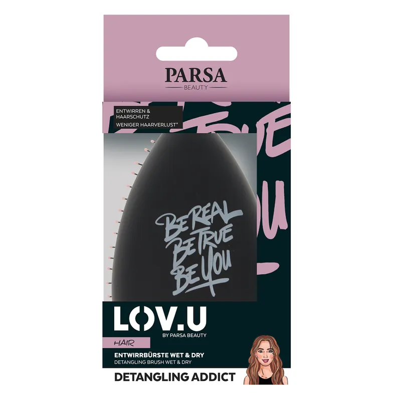 Perie de buzunar pentru descurcat Wet & Dry - Negru Lov.U, 1 bucata, Parsa