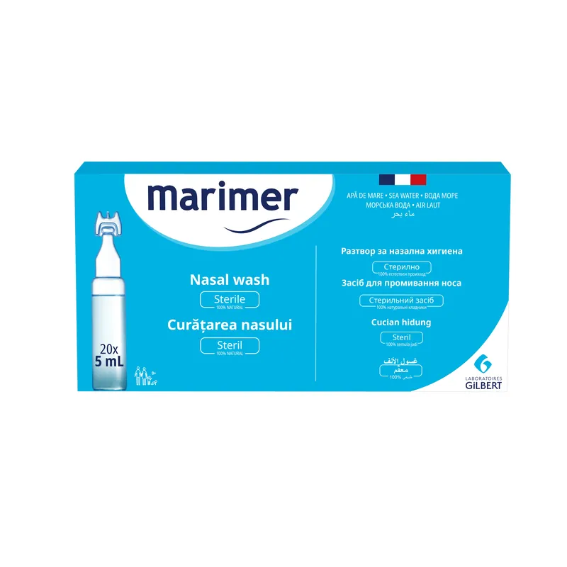 Solutie fiziologica din apa de mare pentru caratarea nasului Marimer Izotonic, 20 unidoze x 5 ml, Laboratoires Gilbert